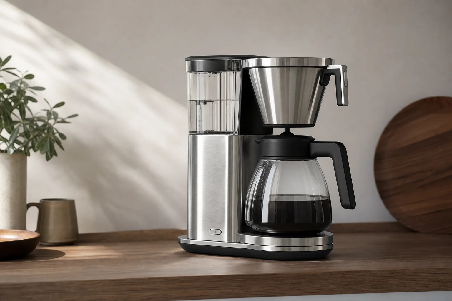 Premium polished silver coffee maker with sleek design on kitchen counter