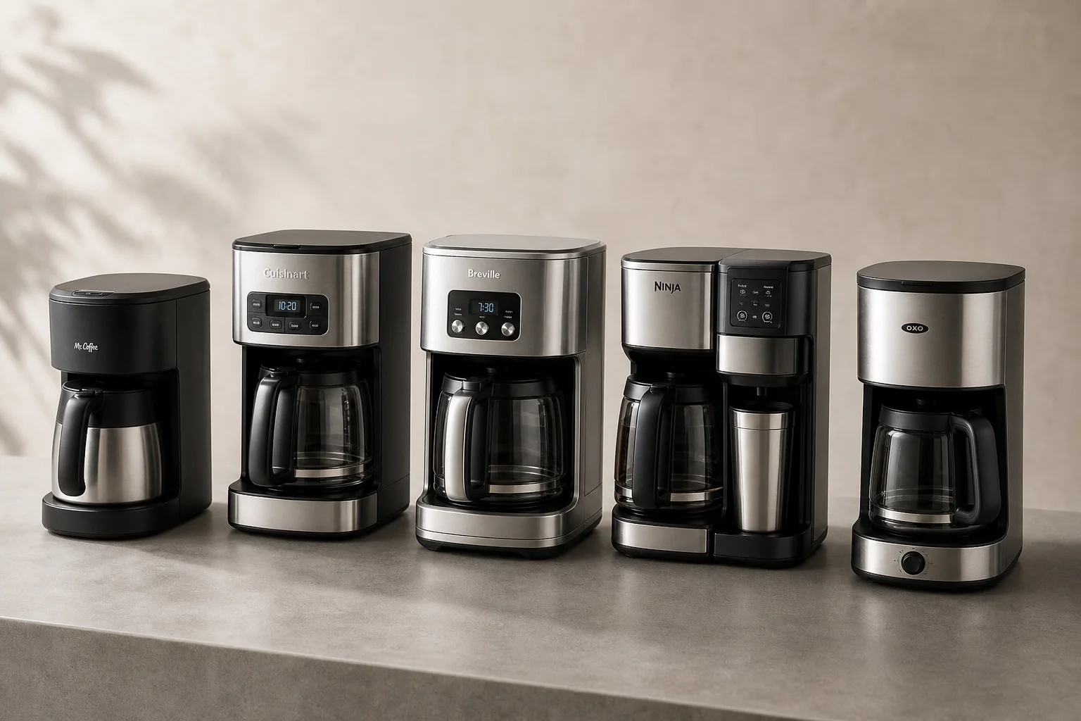 Five drip coffee makers arranged on concrete surface from budget to premium