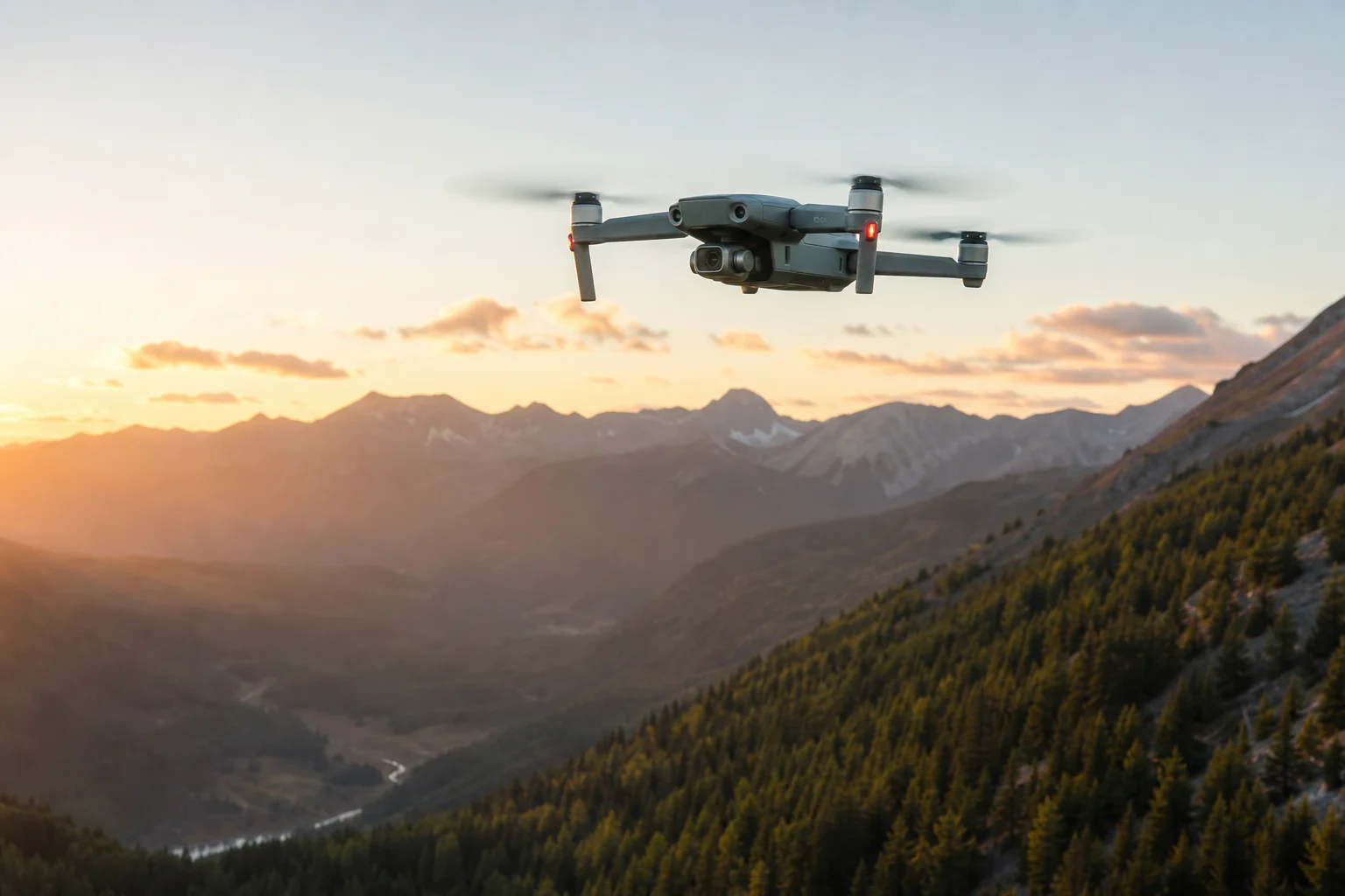 ゴールデンアワーの美しい山間の谷の上空をホバリングするコンパクトなドローン