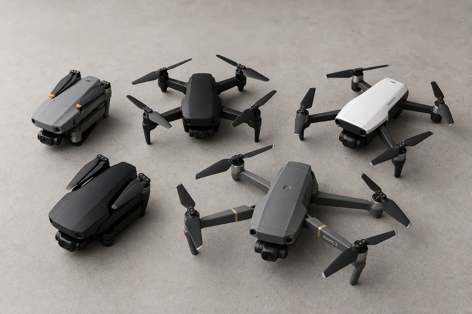 Five drones under $500 arranged on concrete surface