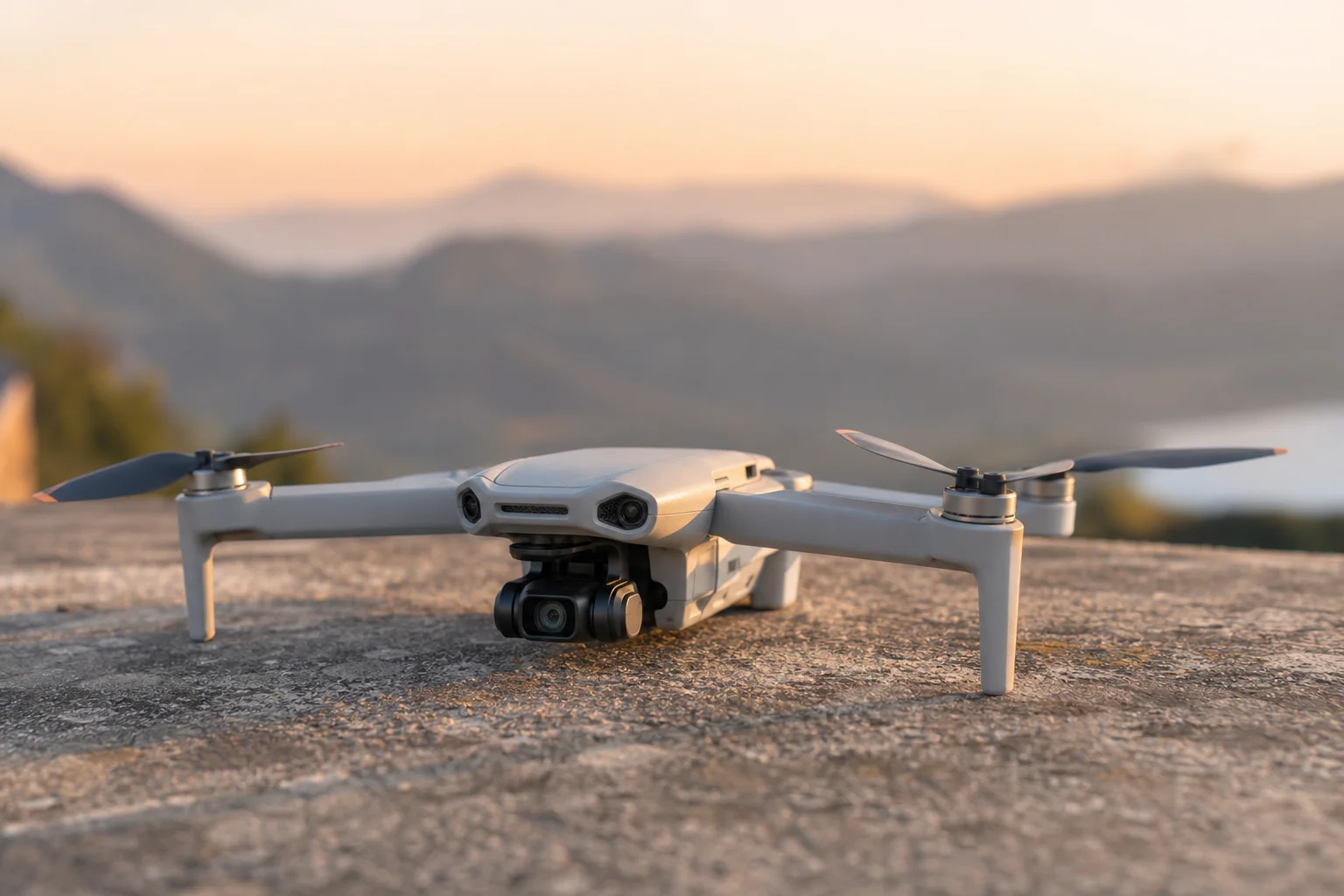 Compact drone unfolded and ready for flight in outdoor setting with golden hour light