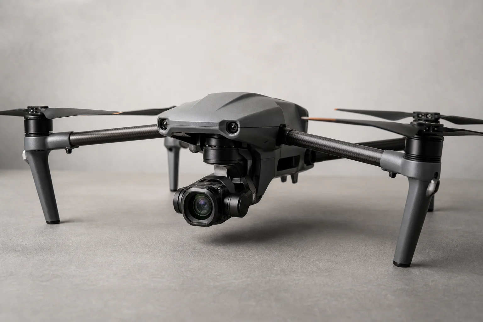Professional drone with large gimbal mounted camera in studio setting