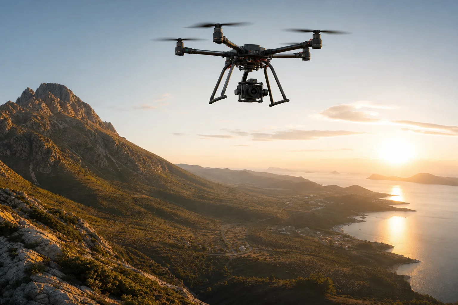 Professional cinema drone hovering above landscape at sunset with golden hour lighting