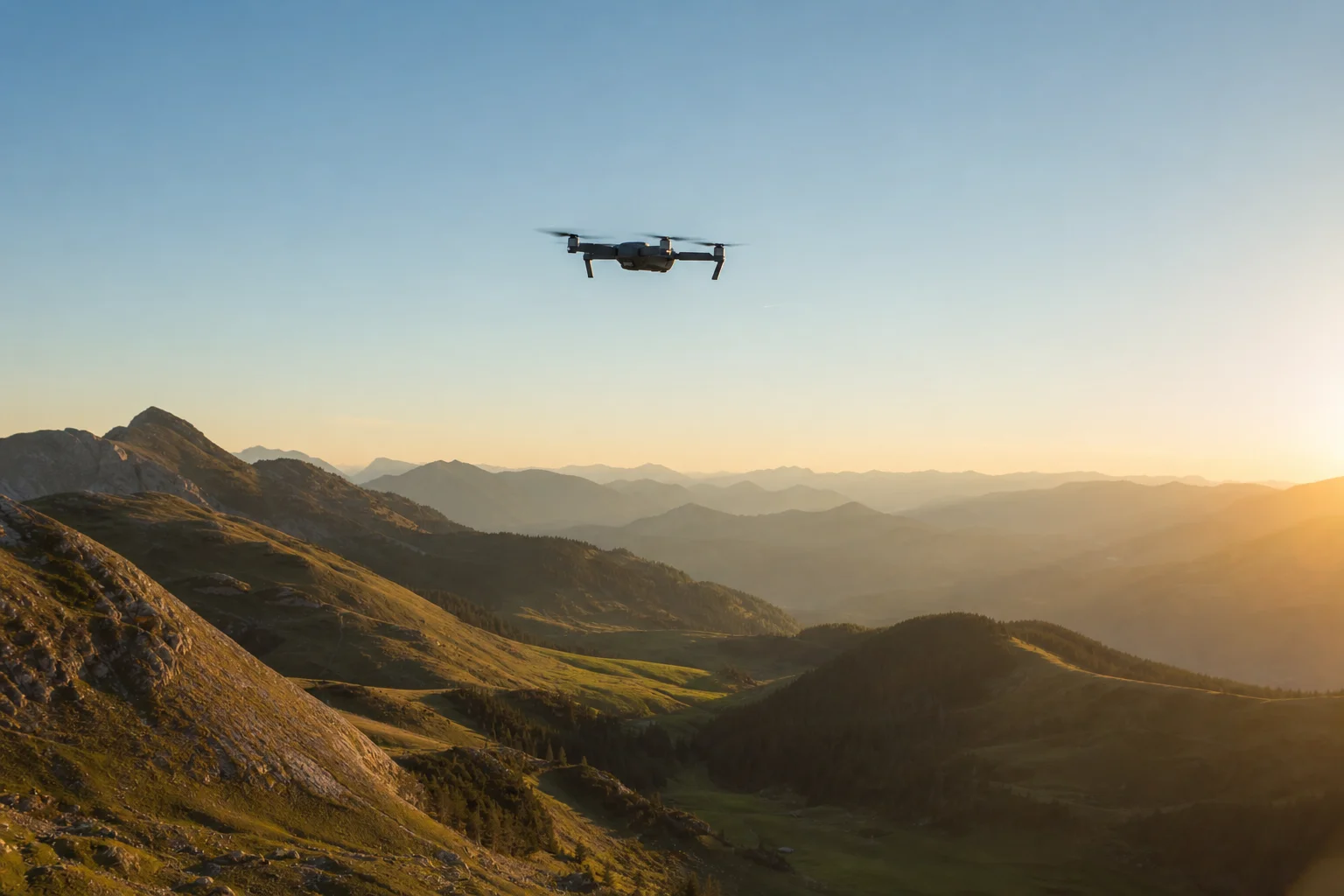 Drone flying over mountainous landscape at golden hour with valley below