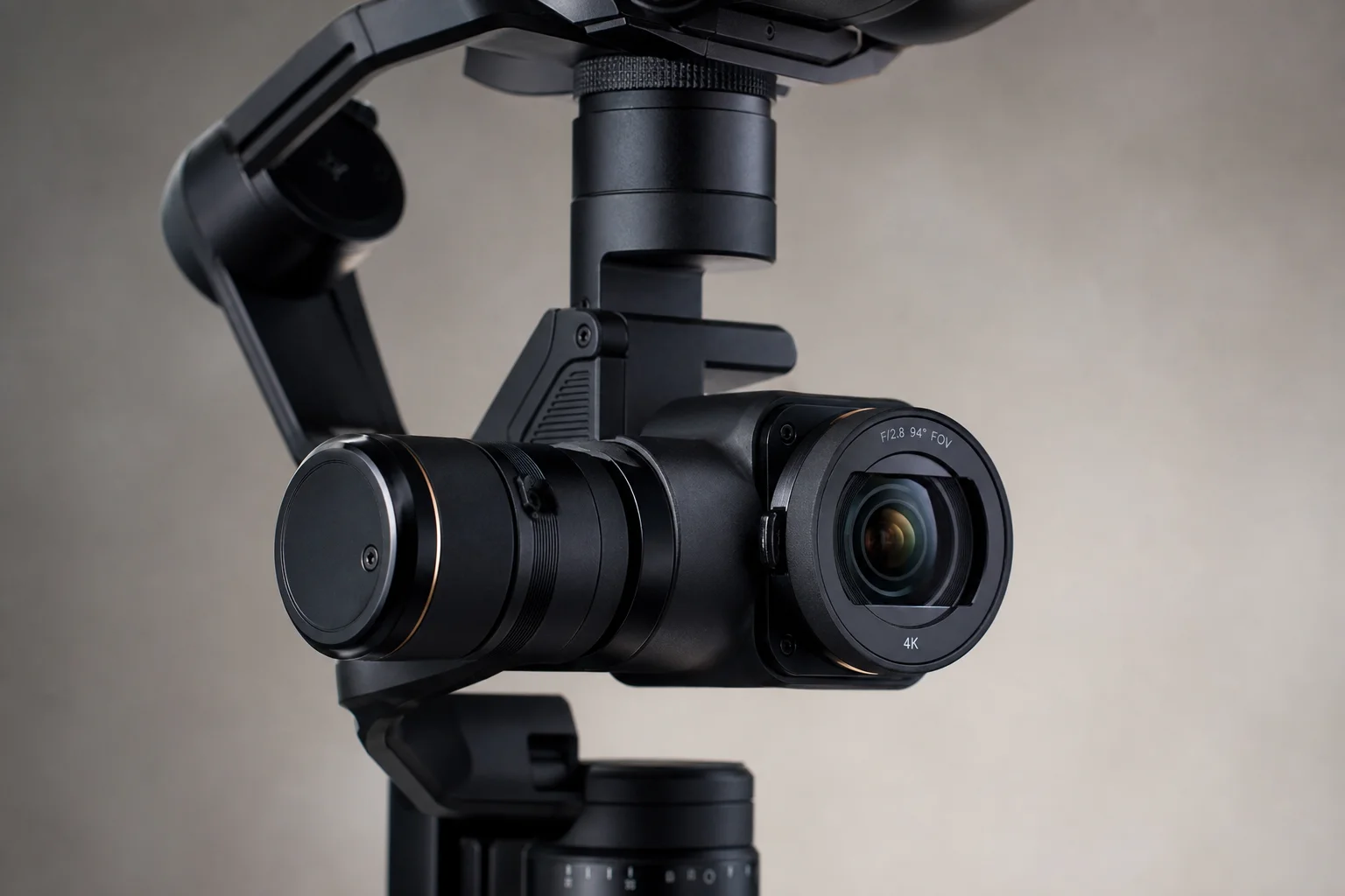 Close-up of drone gimbal and 4K camera lens with three-axis stabilization