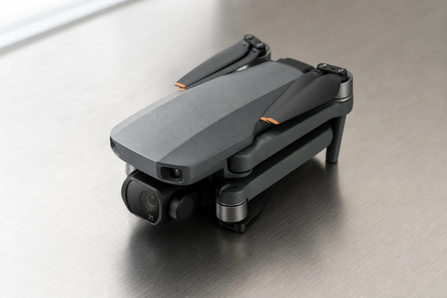 Foldable drone in compact form with propellers folded against body