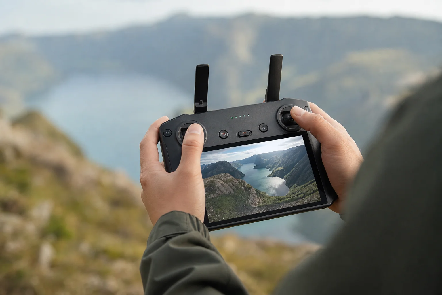 Drone operator holding remote controller with LCD screen displaying live video