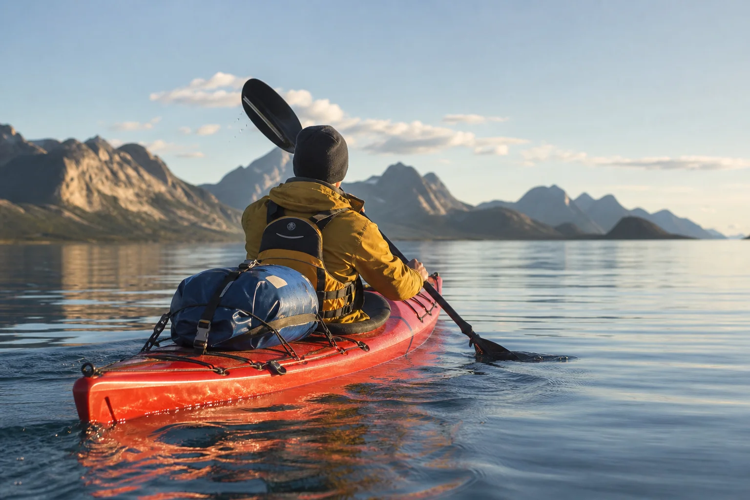 Kayaker paddling with dry bag secured to kayak on calm water