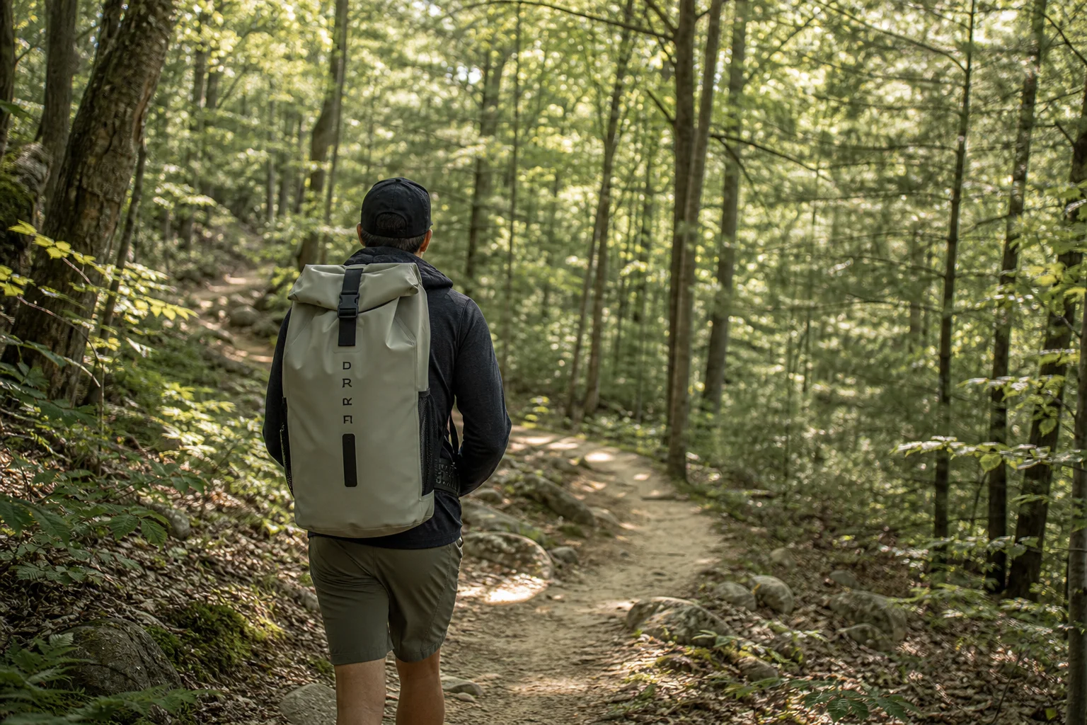 Hiker with backpack-style dry bag on forest trail with dappled sunlight