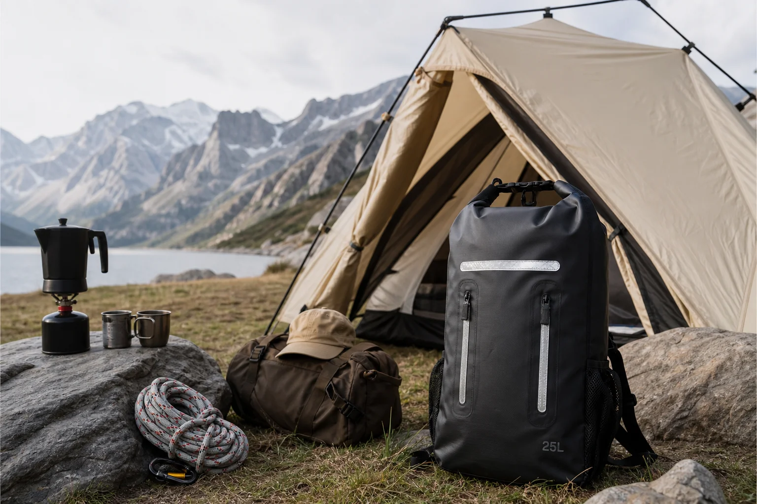 Camping scene with dry bag near tent and organized outdoor gear