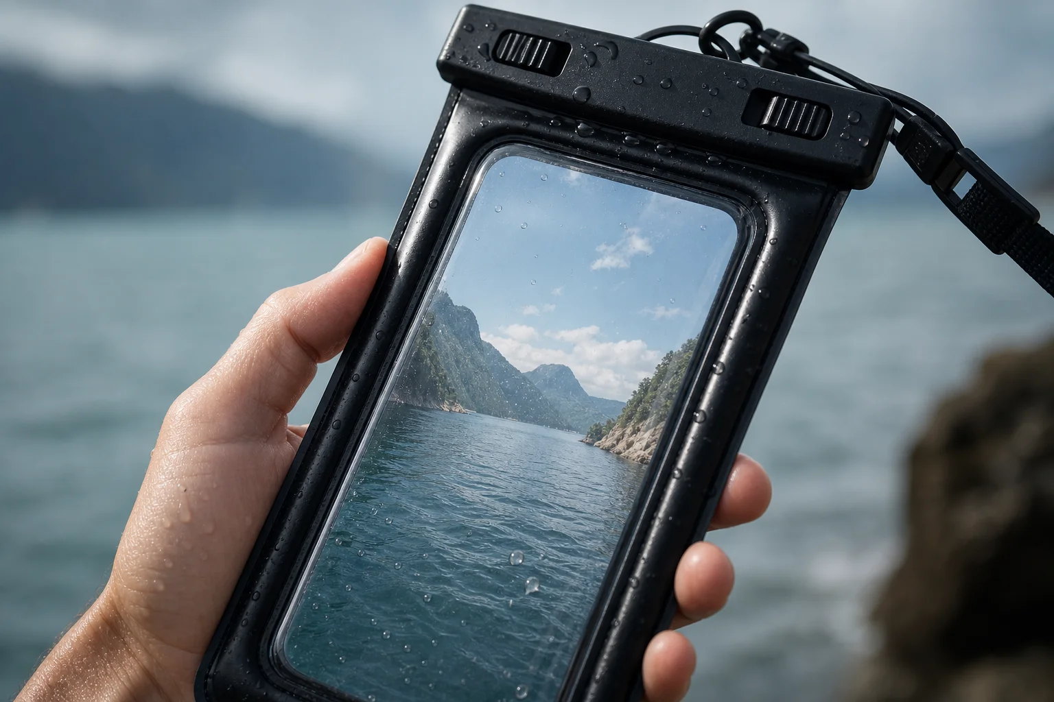 Waterproof phone case with transparent window showing scenic water view