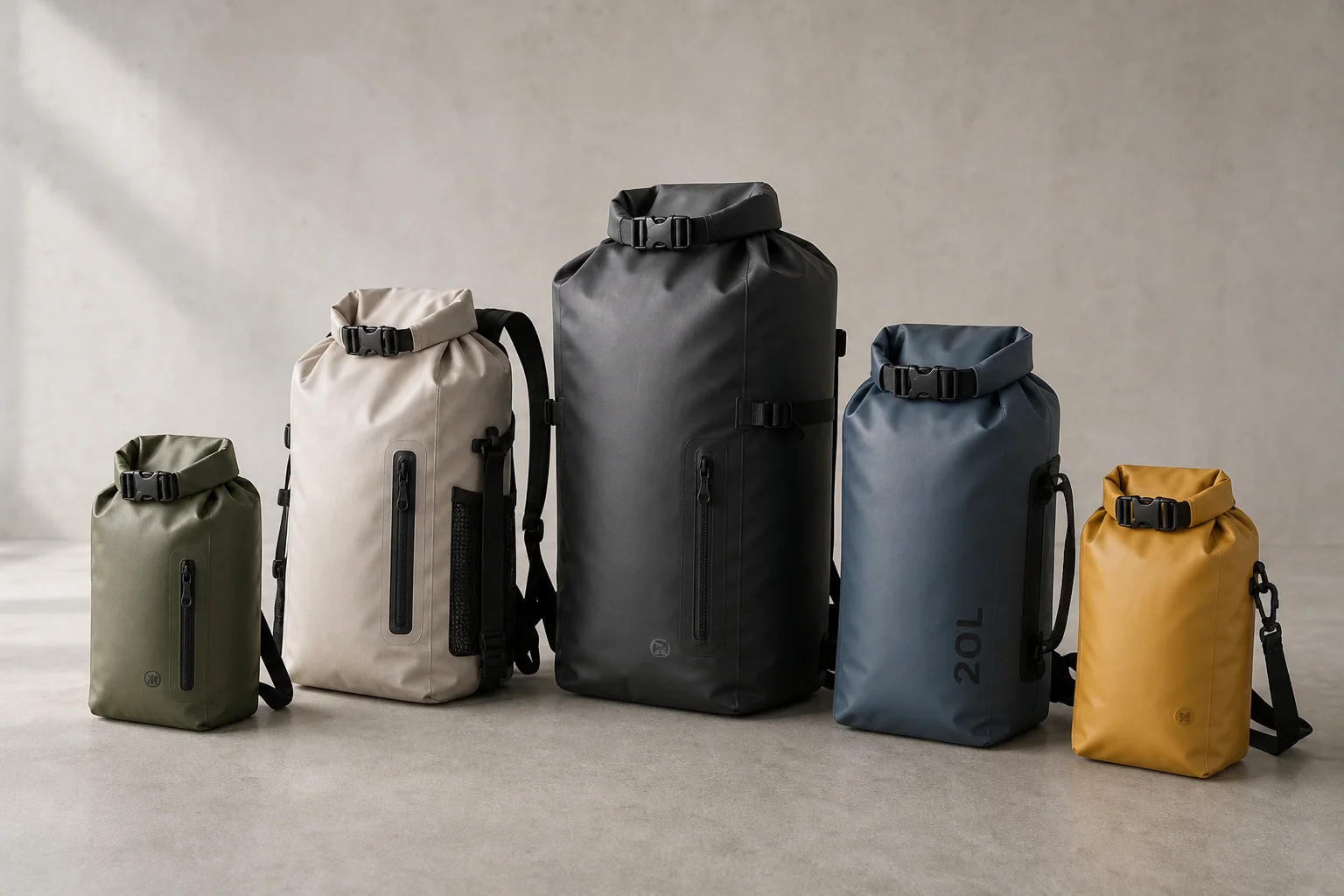 Five waterproof dry bags in various sizes and colors arranged on concrete