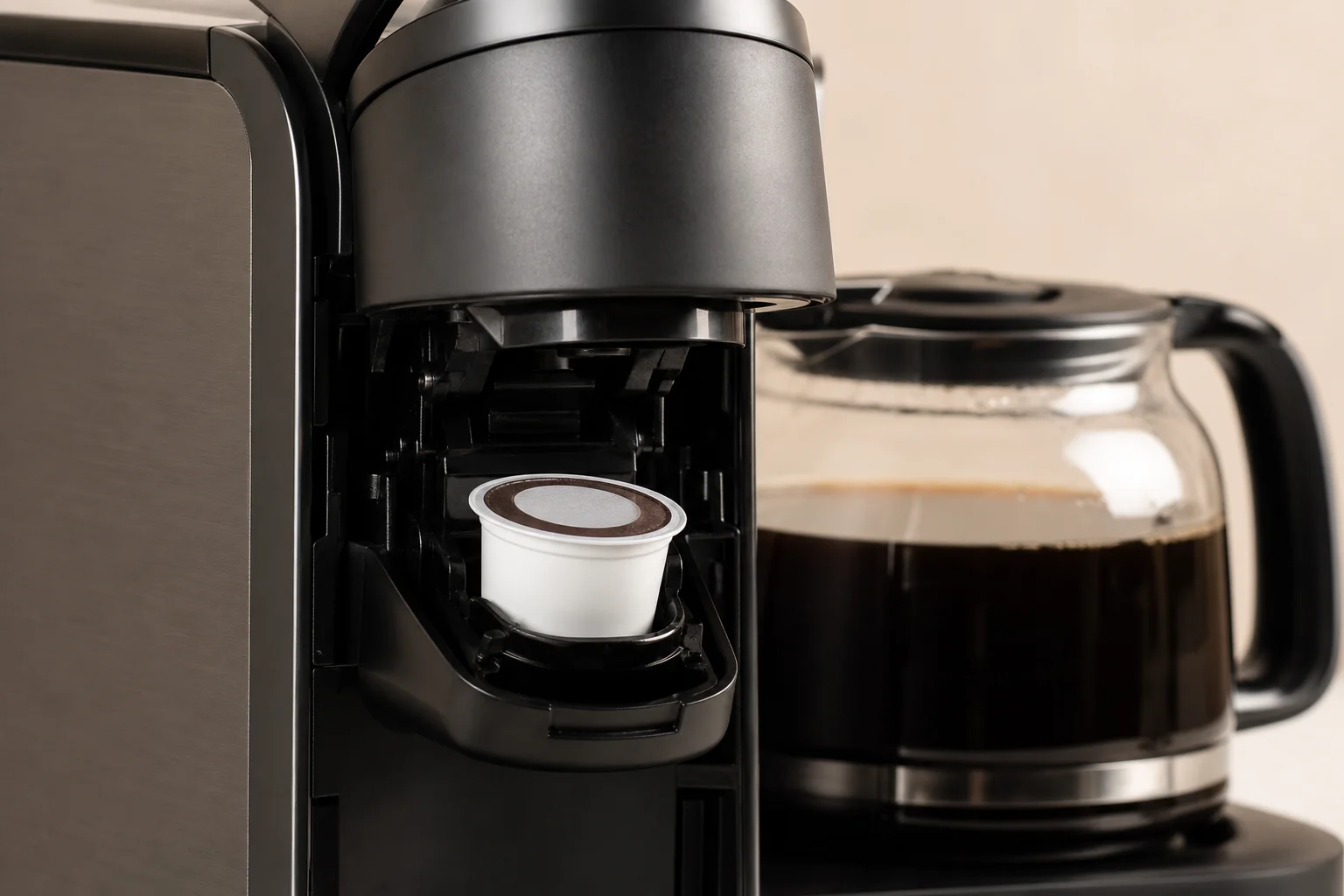 將 K-cup 膠囊放入單杯咖啡機中,旁邊可見完整的咖啡壺