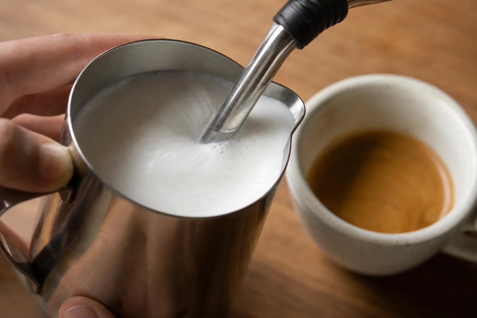 金屬奶泡杯中正在打發牛奶的特寫，旁邊放著濃縮咖啡杯