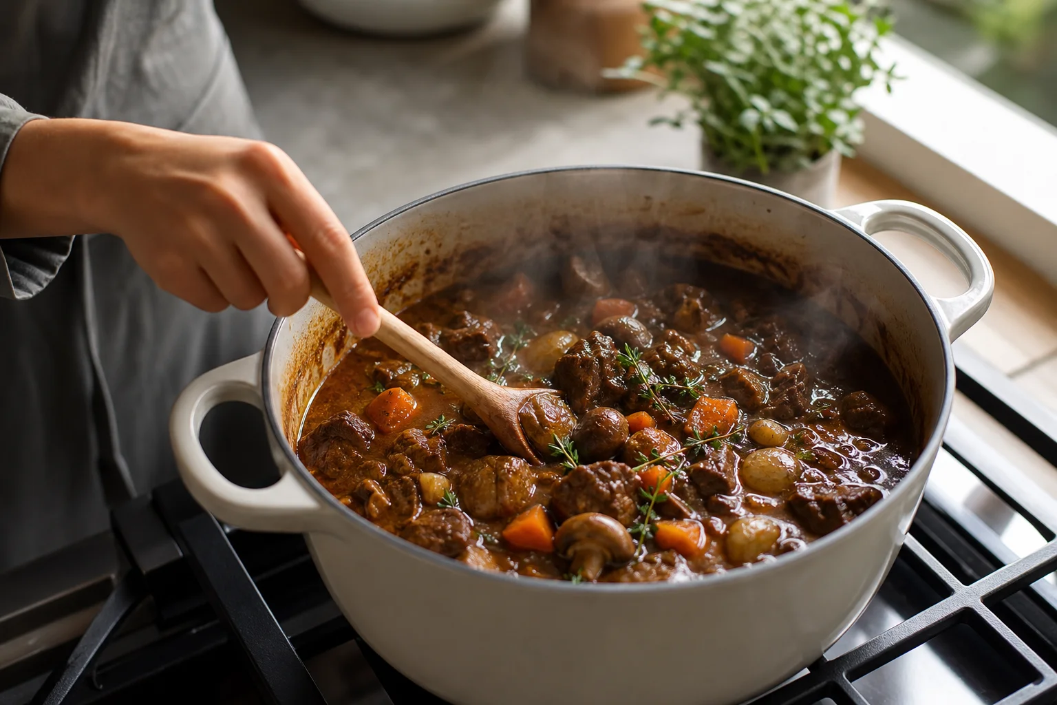 Home chef stirring a simmering stew in a Dutch oven on a stovetop