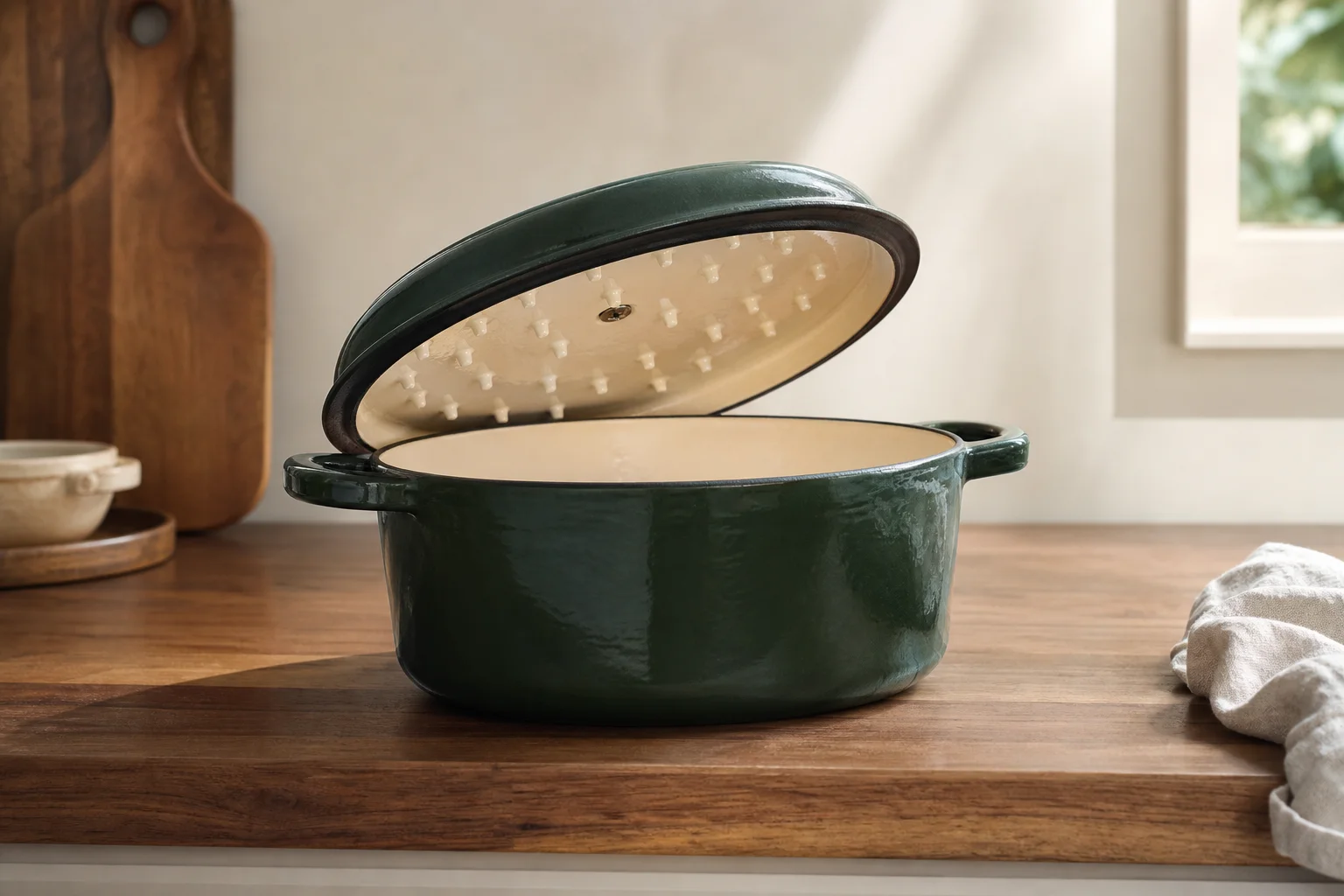 Enameled cast iron Dutch oven with self-basting lid on wooden counter