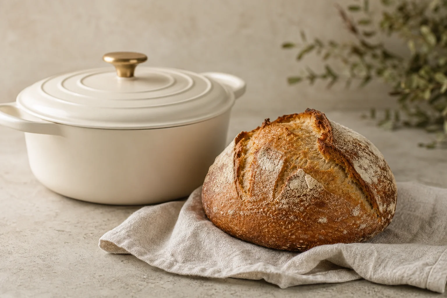 Compact Dutch oven with fresh bread loaf cooling on kitchen surface