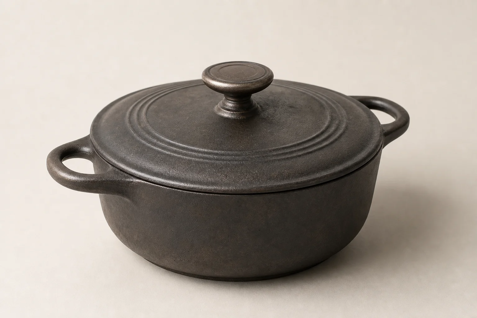 Seasoned cast iron Dutch oven with ergonomic handles displayed on neutral backdrop