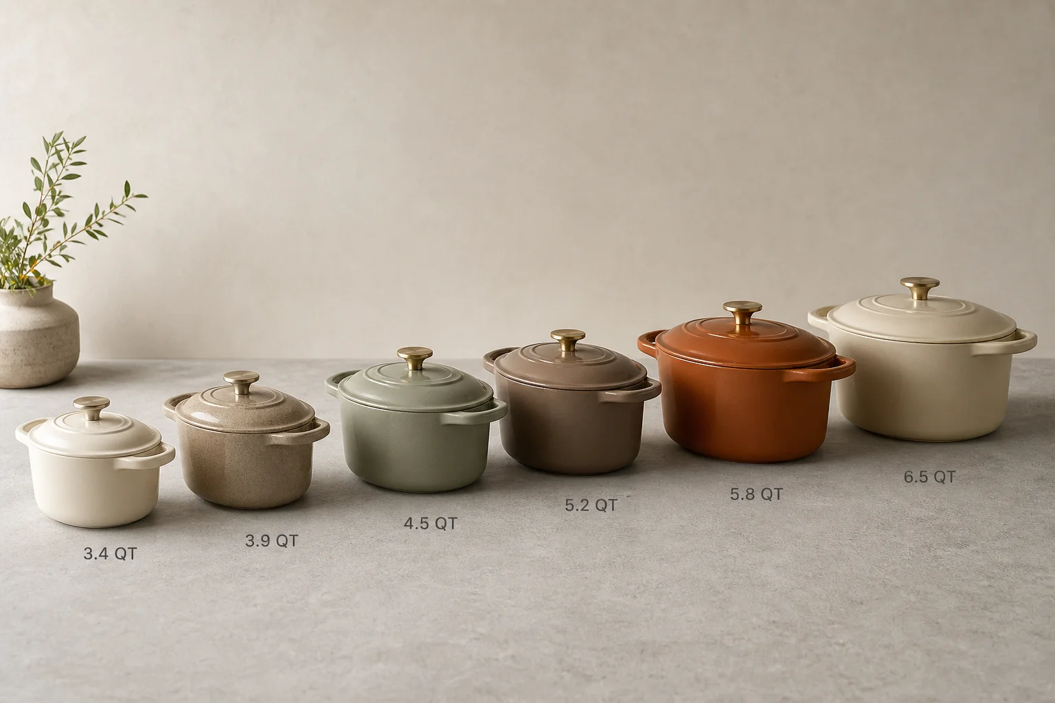 Six Dutch ovens in different sizes arranged on concrete surface