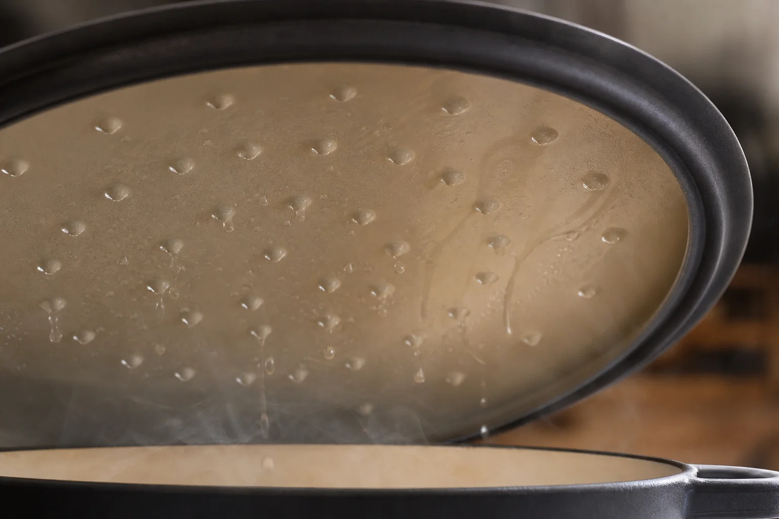 Close-up of Dutch oven lid with self-basting ridges and steam