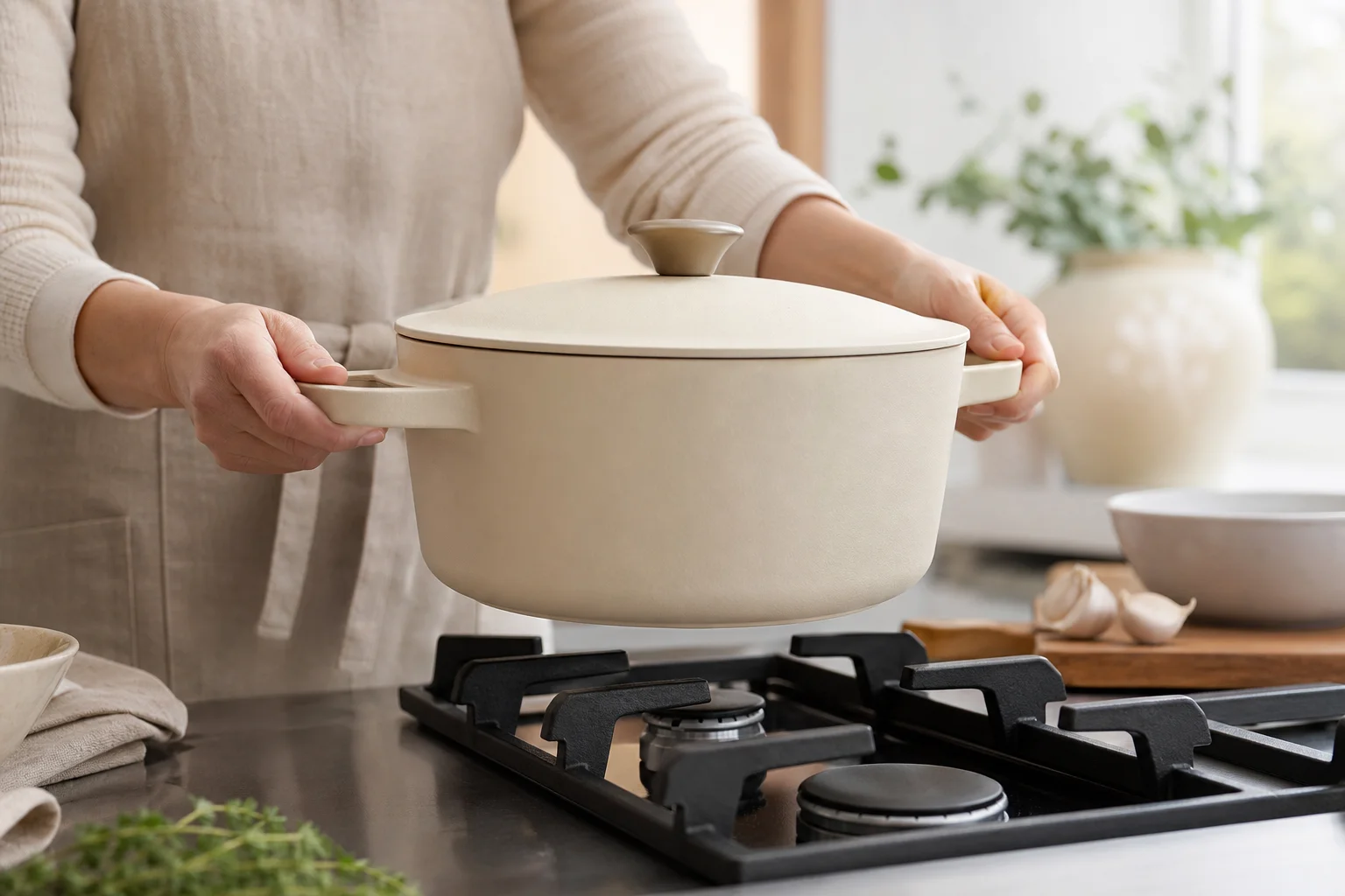 Ceramic Dutch oven being lifted from stovetop showing lightweight form