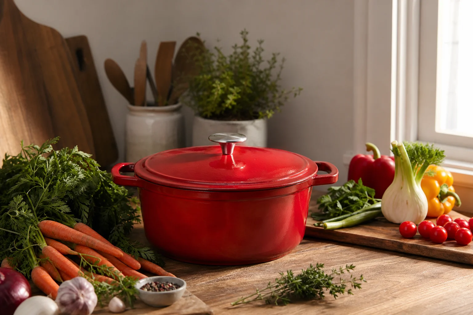 Red Dutch oven on wooden counter with fresh vegetables and herbs