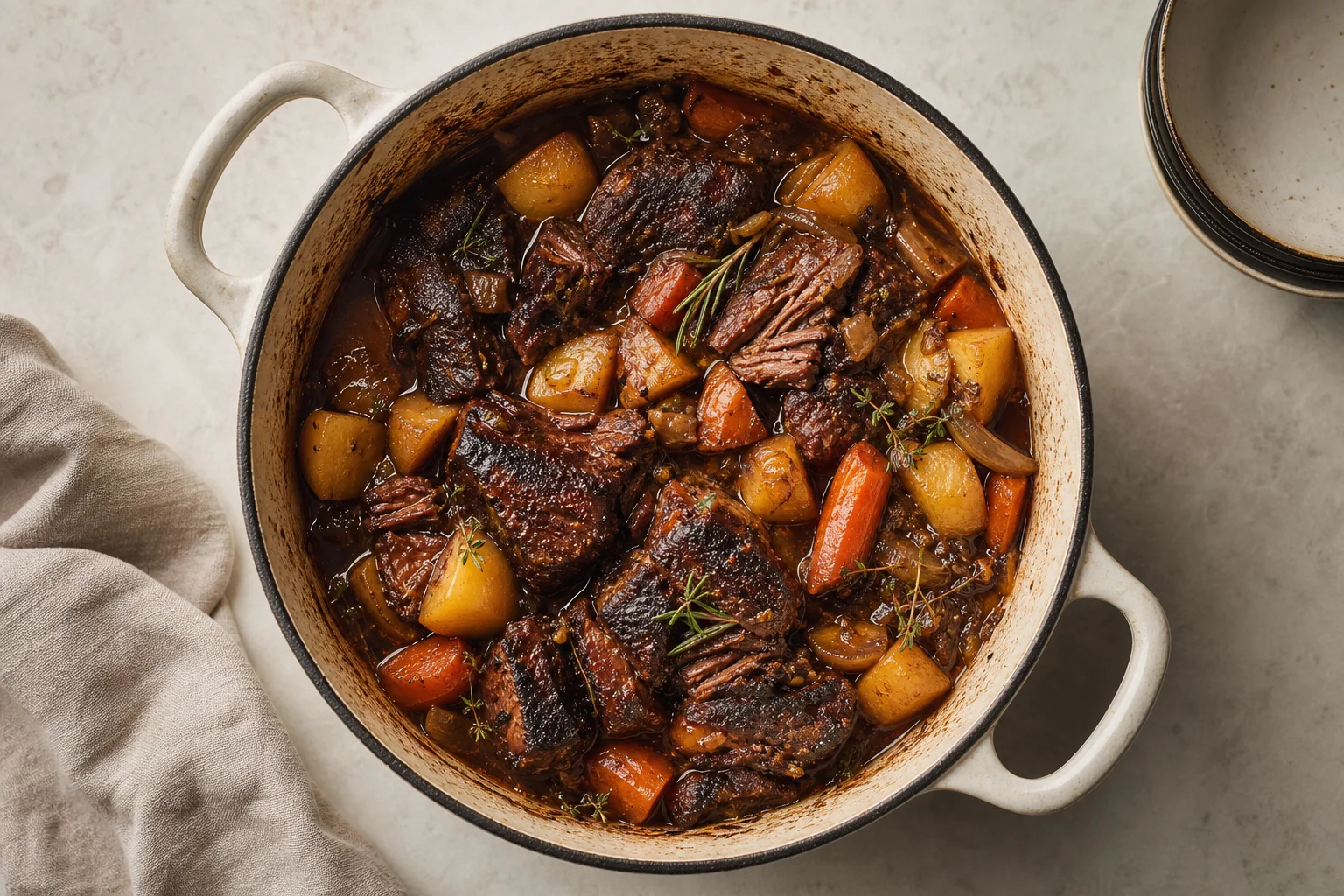Overhead view of Dutch oven with braised meat and vegetables