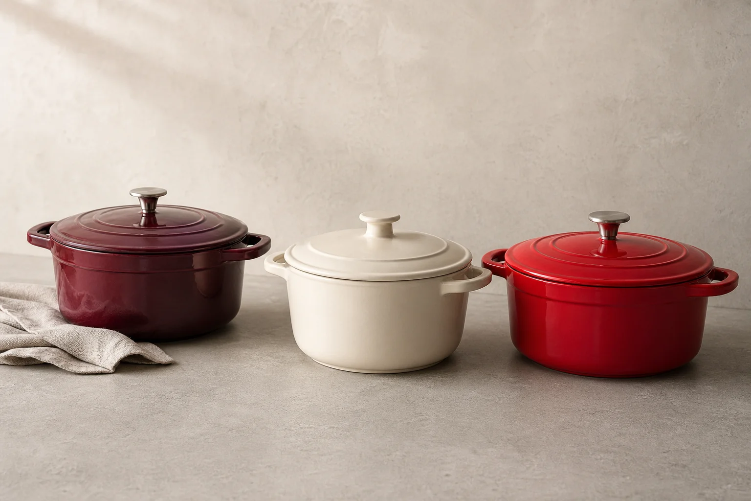 Three Dutch ovens in burgundy, cream, and red arranged on concrete surface