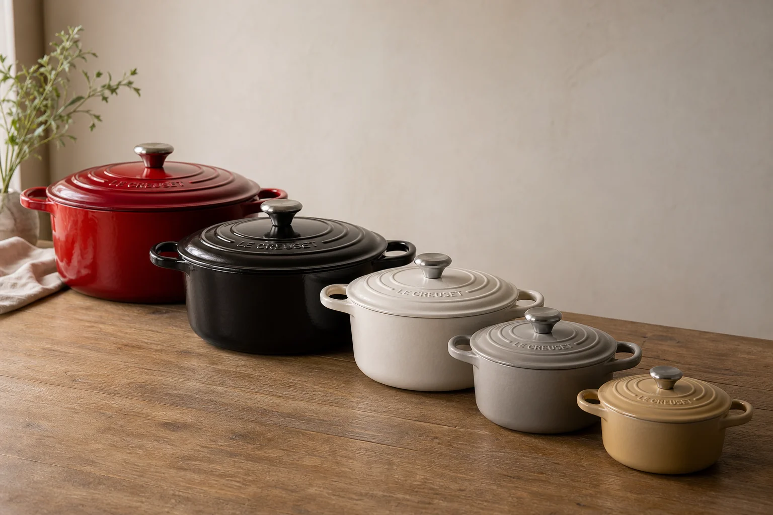 Five enameled cast iron Dutch ovens in various colors arranged on a wooden surface