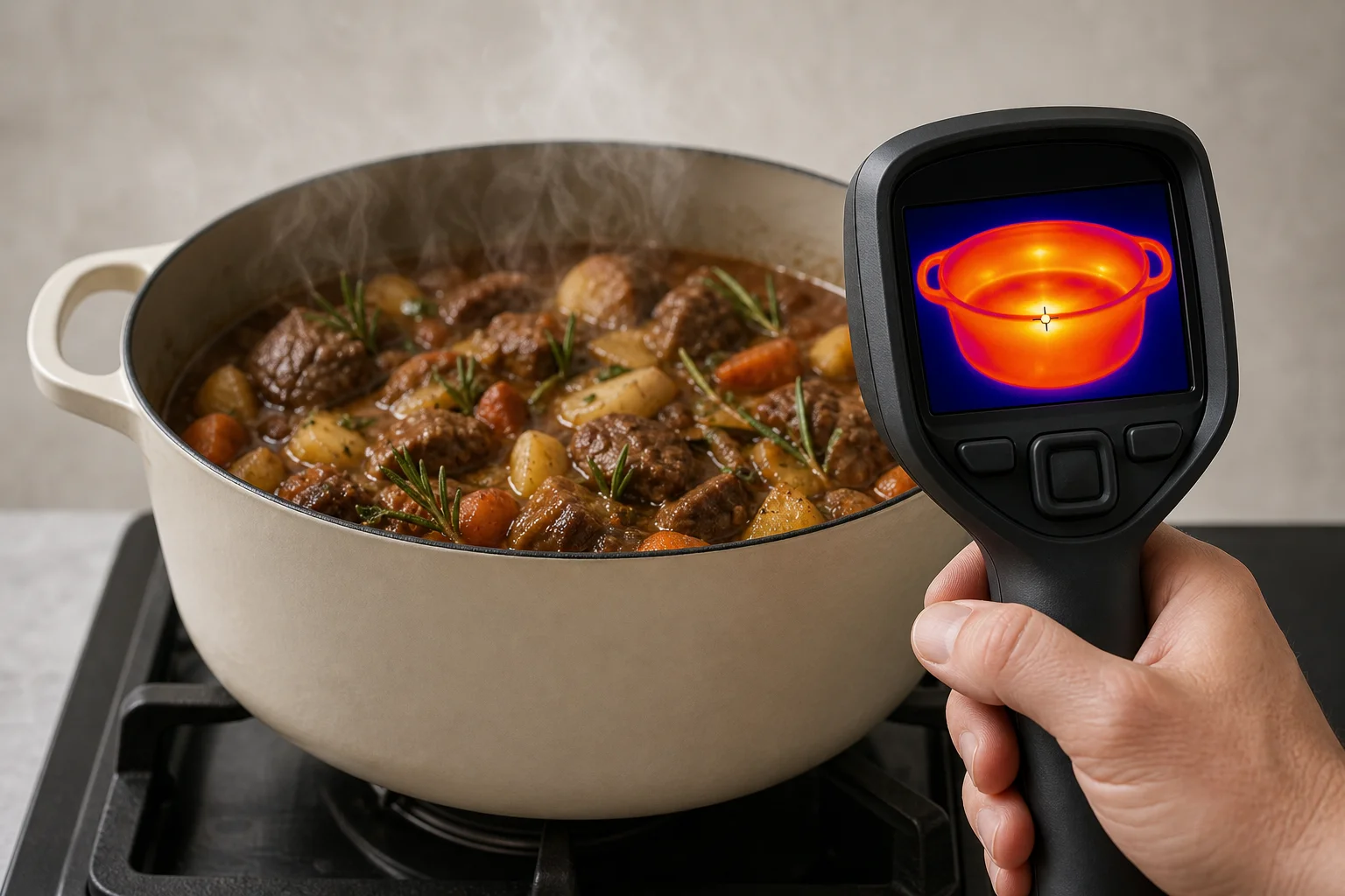 Dutch oven with thermometer measuring surface temperature during heat retention test