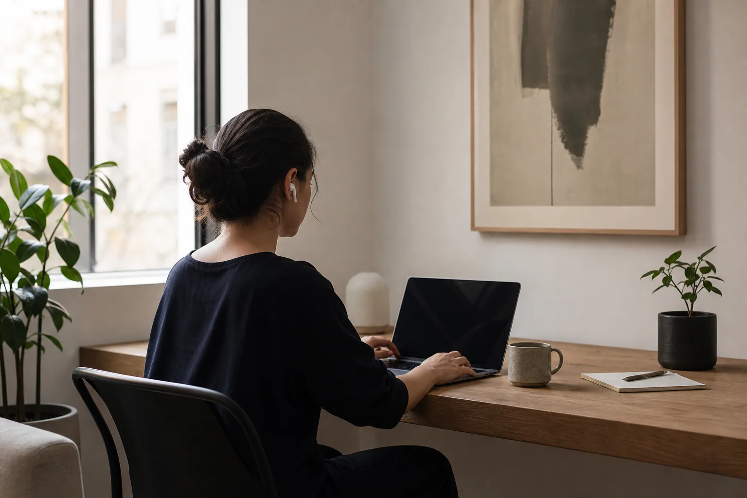 Person using earbuds while working at desk with laptop