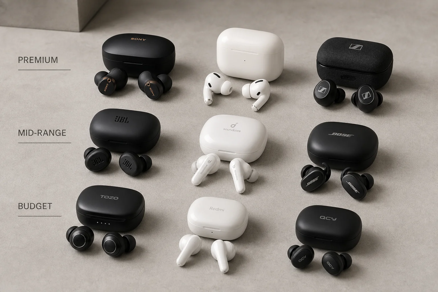 Nine earbud models arranged by price tier on concrete surface