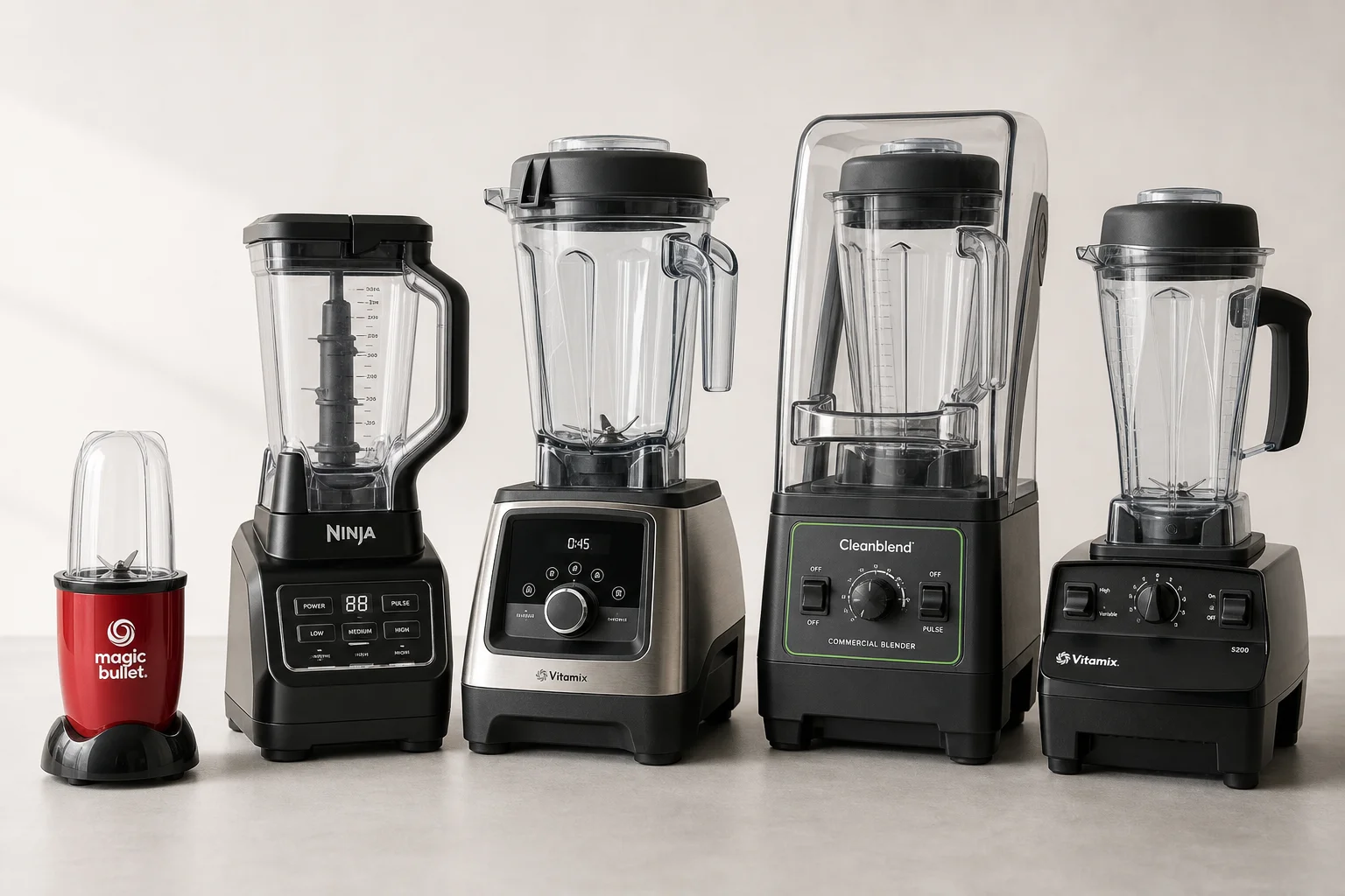 五款果汁機排列在簡約背景上：Magic Bullet、Ninja BN701、Vitamix A3500、Cleanblend 以及 Vitamix 5200