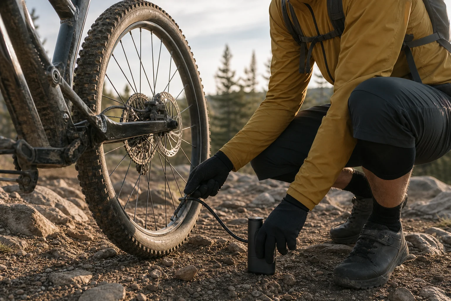 Cyclist using electric pump to inflate tire on mountain trail in golden hour light