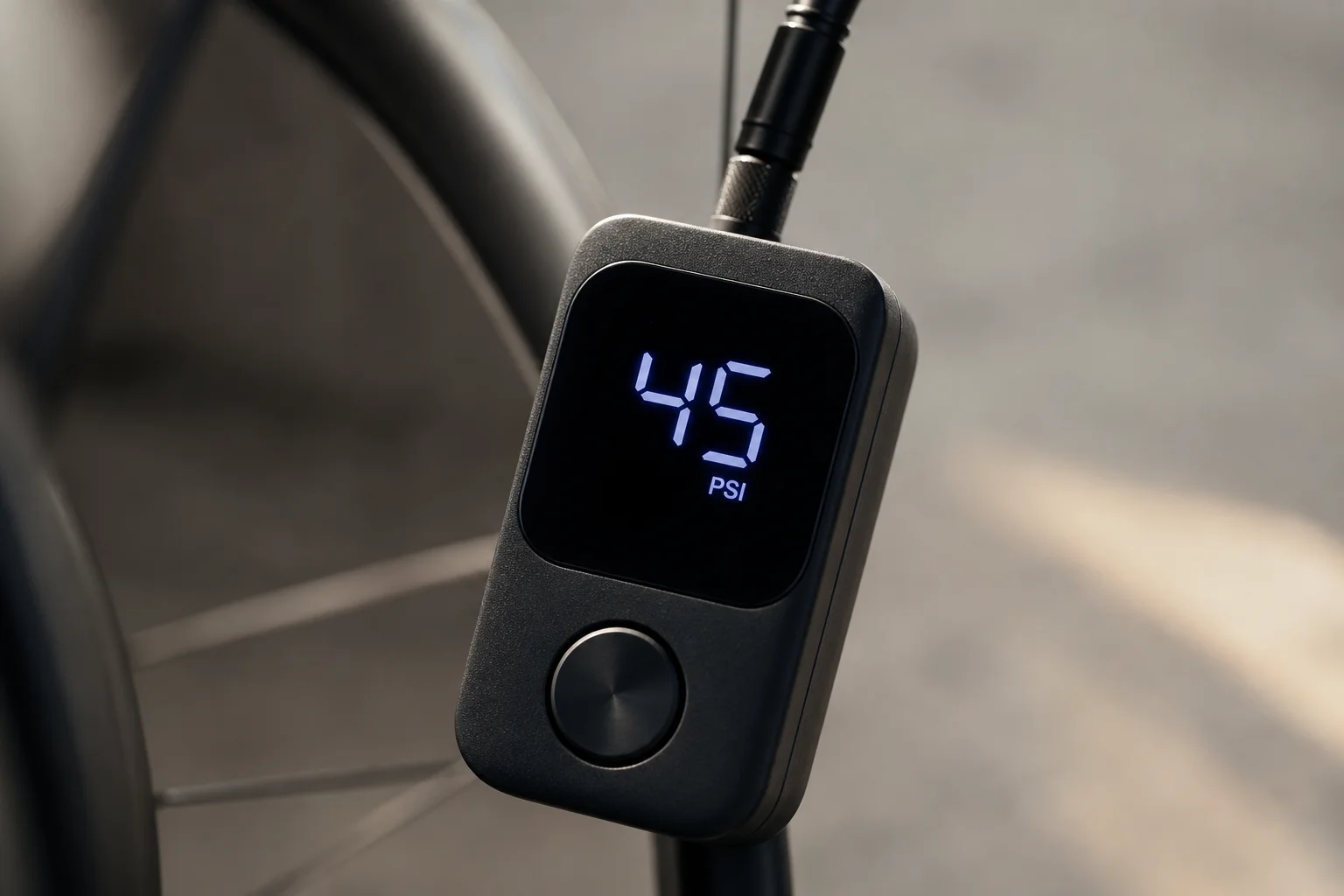 Close-up of electric pump digital display showing PSI reading on bike valve