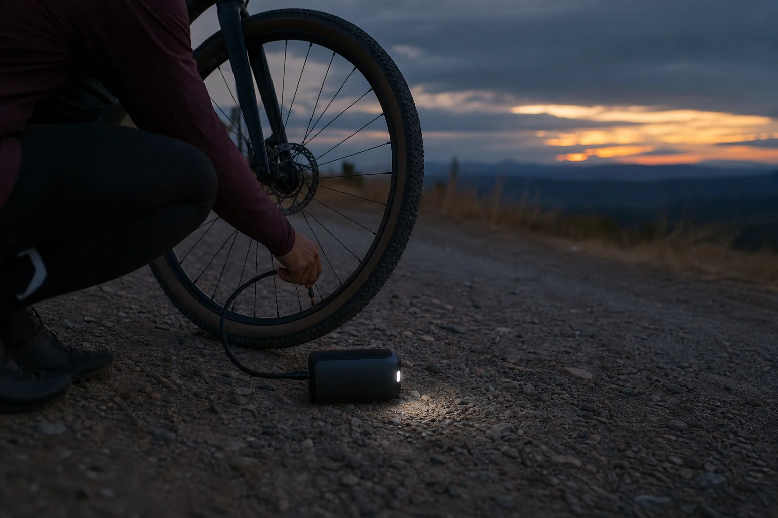 Cyclist using electric pump with integrated light on gravel road at dusk