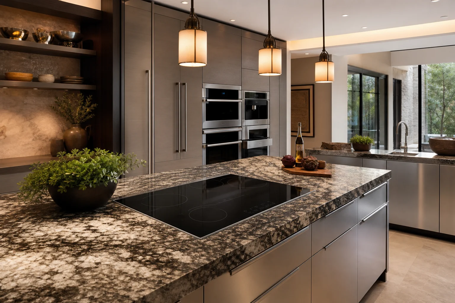 Modern kitchen with stainless steel appliances and granite countertops