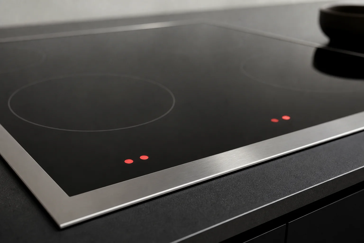 Jet-black cooktop surface with stainless steel trim and indicator lights
