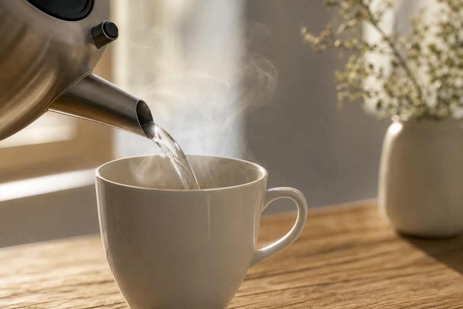 Kettle spout pouring hot water into a white ceramic mug with steam rising