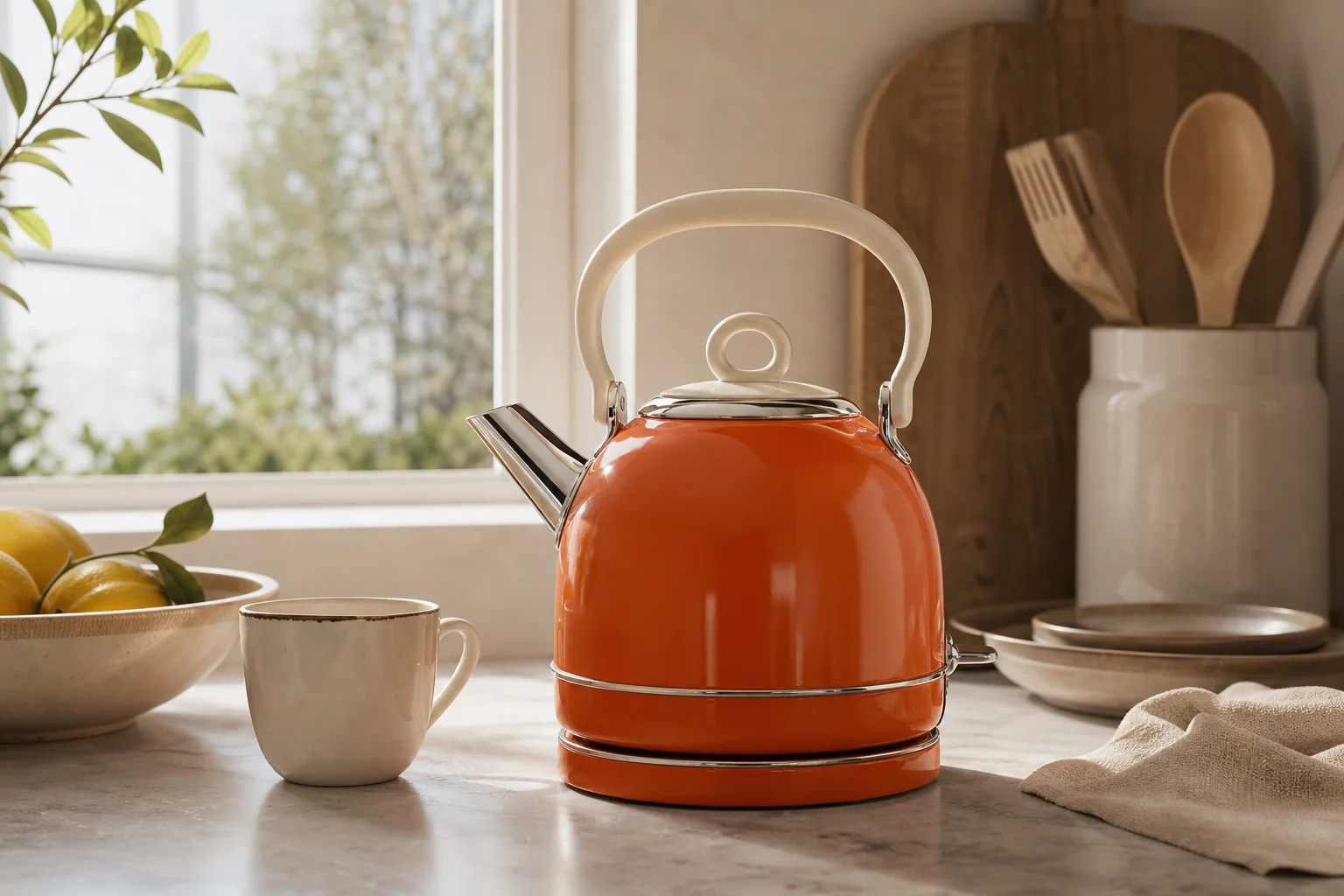 Retro-styled kettle in vibrant colour on a modern kitchen countertop