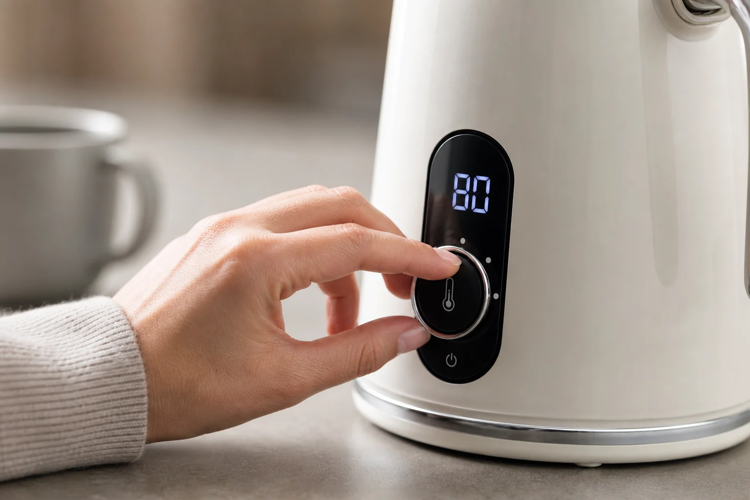 Hand adjusting temperature control on a modern electric kettle with LED display