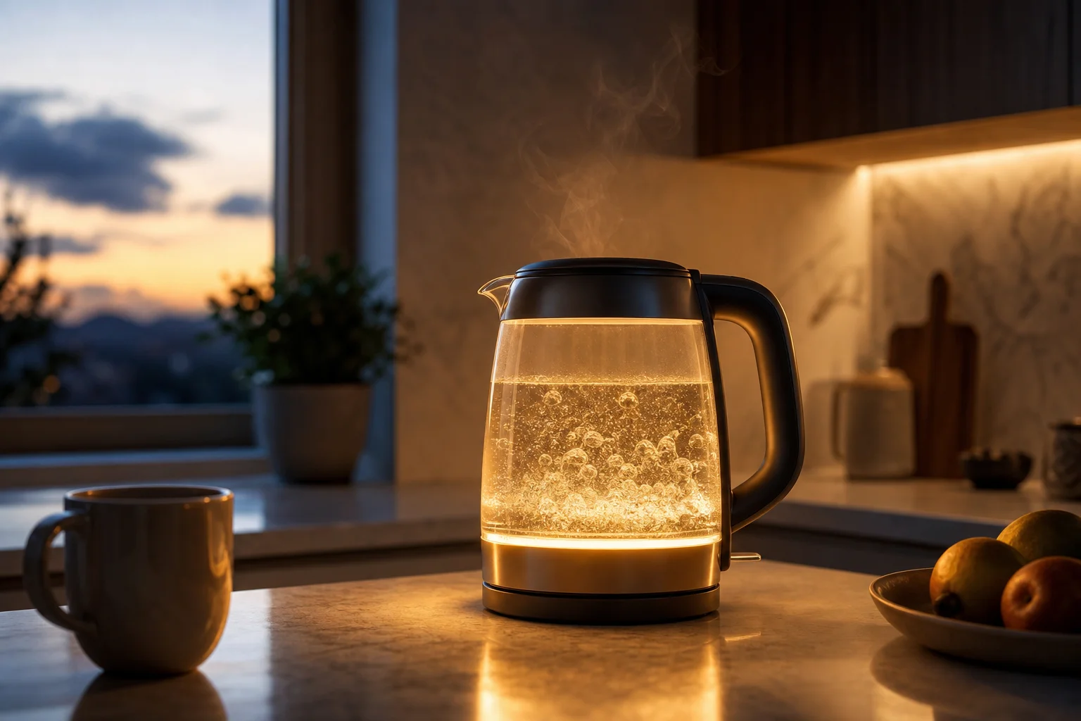 Illuminated glass kettle with internal LED glow on a kitchen counter at dusk
