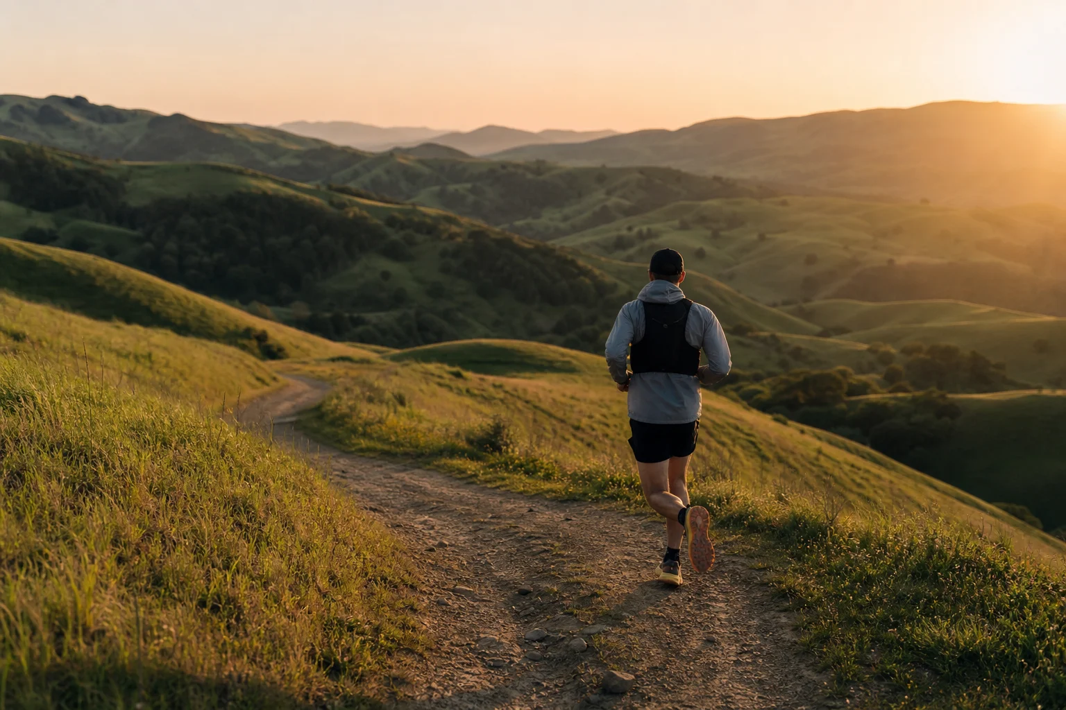 Runner on a long trail run through green hills during golden hour