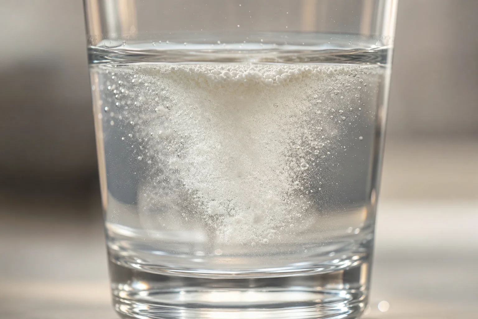 Close-up of electrolyte powder dissolving in water with visible texture