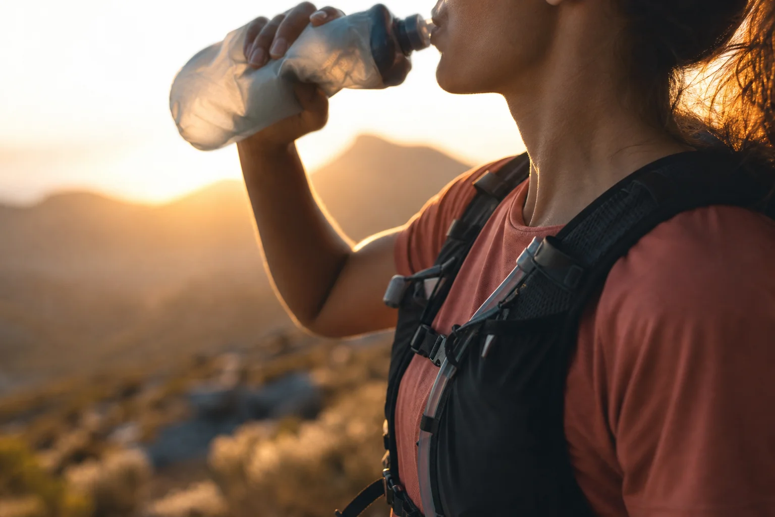 Runner hydrating with a soft flask during a trail run at sunset