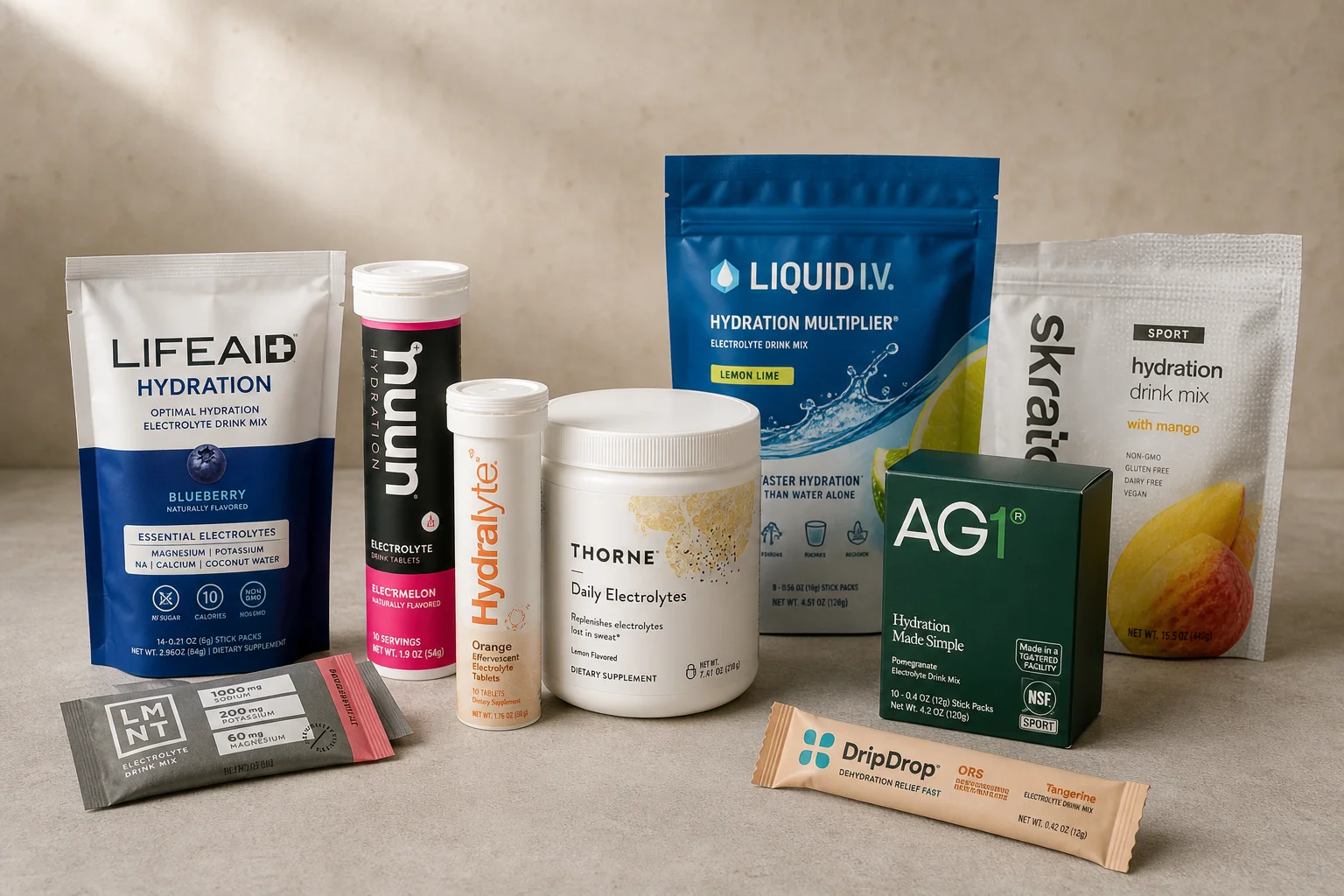 Collection of electrolyte products including powders, tablets, and sachets arranged on concrete