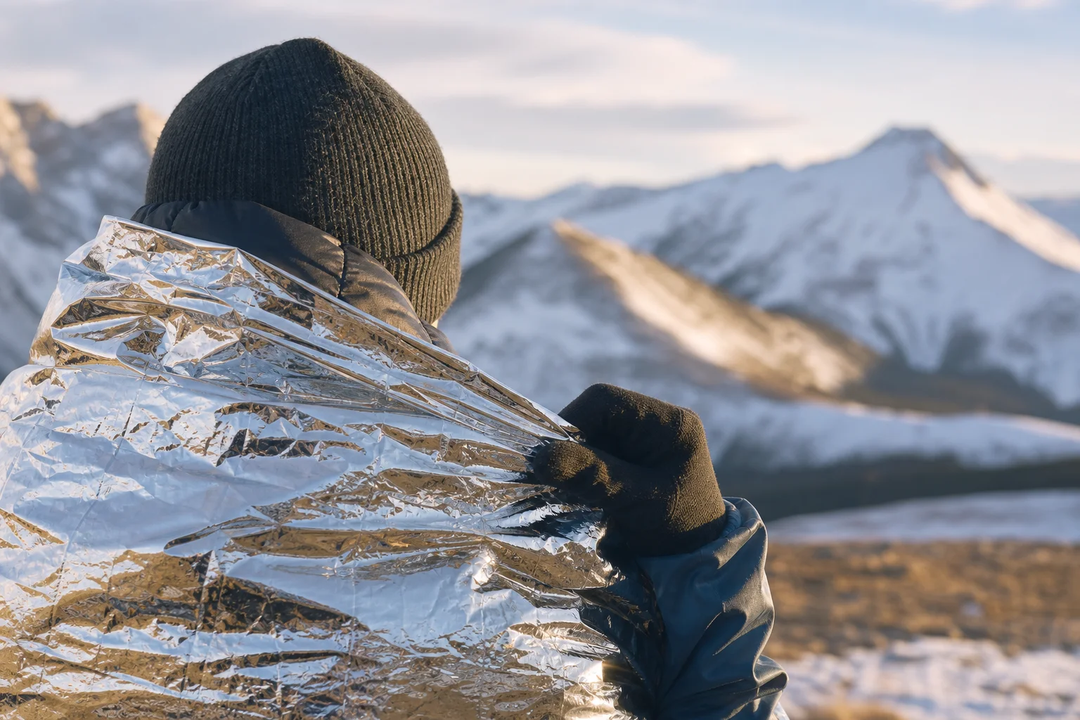 Hiker in winter wrapping emergency bivy around shoulders with snowy mountains behind