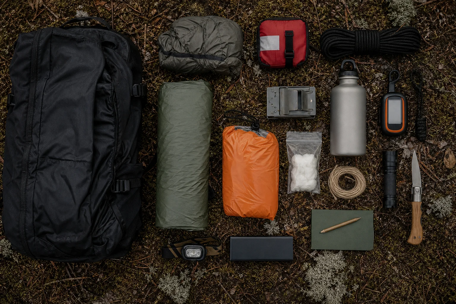 Overhead view of emergency kit with compact bivy and survival essentials on ground