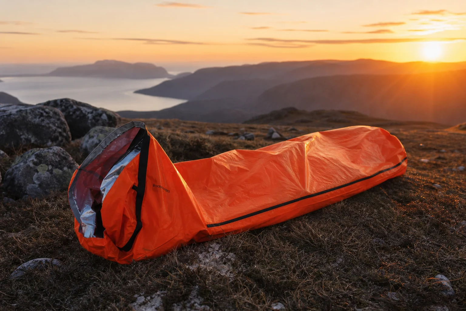 Bright orange emergency bivy deployed in wilderness at dusk showing visibility