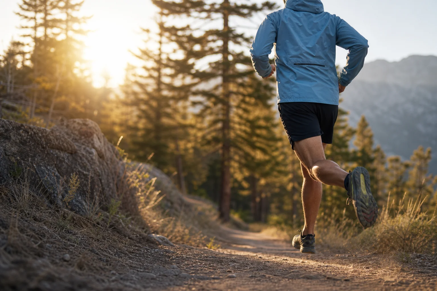 Runner in motion on a trail during golden hour with trees in background